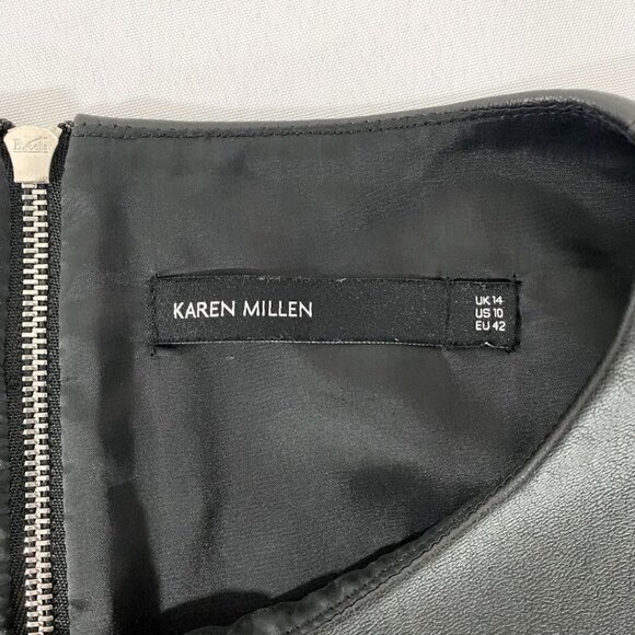 KAREN MILLEN BLACK FAUX LEATHER & PONTE COMBO SLEEVELESS SHEATH DRESS - 10 - Picture 7 of 10